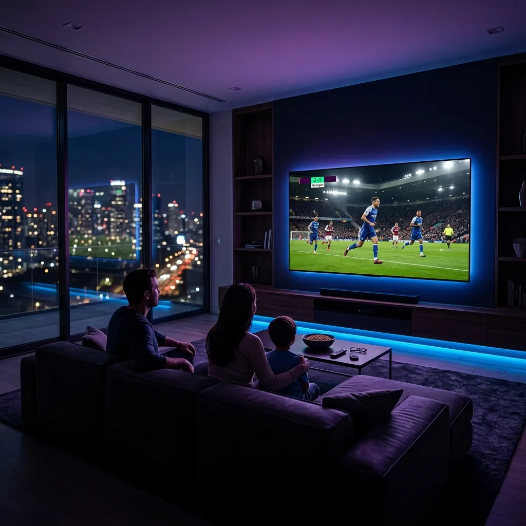 Family watching RealmIPTV premium IPTV on a large 4K TV